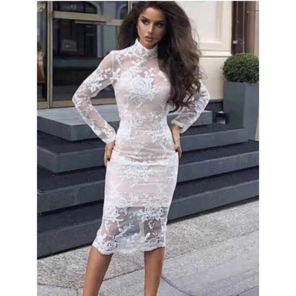 MY BANDAGE DRESS Womens MEDIUM White Lace Nude Lined Kali DRESS Prom Wedding EUC - Picture 2 of 10